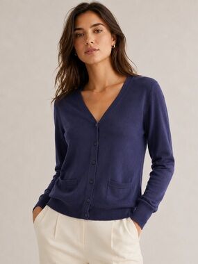 100% Extra Fine Merino Wool Navy V-Neck Cardigan